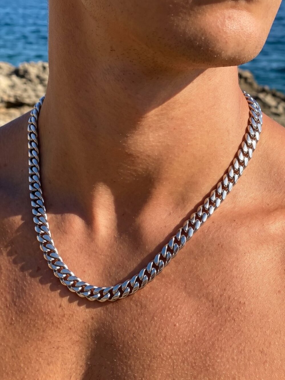 Silver Cuban Link Chain 8mm 20 Inch Waterproof Stainless Steel Mens Necklace
